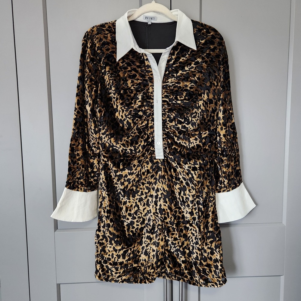 New Anthropologie WNTRMSE Mimi Dress Leopard Ruched Velvet Burnout Mini 8 L